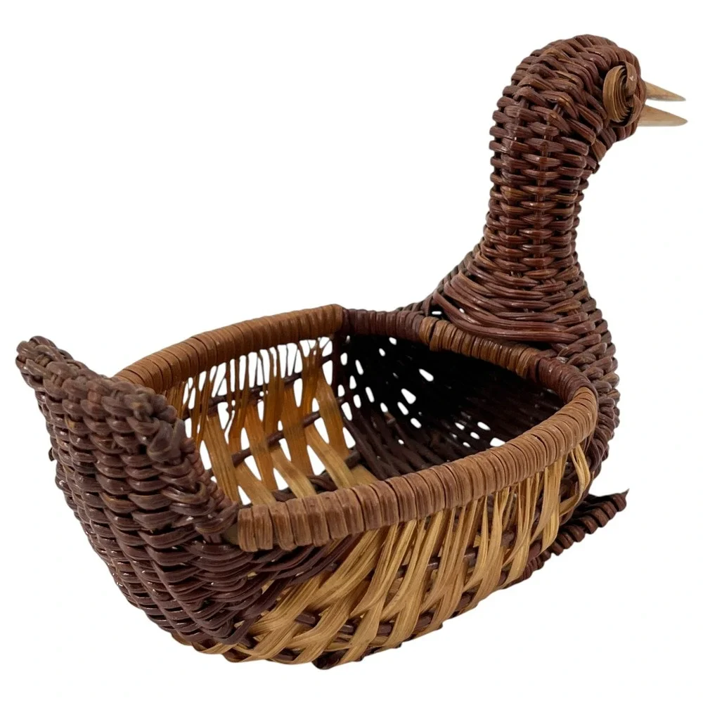Vintage Wicker Duck Basket Two Tone Brown Woven Rattan Bird Figurine Decor